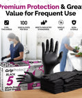 Tough As Nails Black Nitrile Gloves With Top Tier Chemical Resistance And Advanced Tear Protection For Law Enforcement Medical Labs And Industrial Settings Built Different Smooth Grip Technology in a box with gloves displayed.