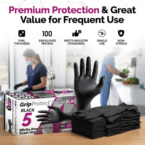 Tough As Nails Black Nitrile Gloves With Top Tier Chemical Resistance And Advanced Tear Protection For Law Enforcement Medical Labs And Industrial Settings Built Different Smooth Grip Technology in a box with gloves displayed.