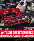 V-Series 38-Piece One Quarter Inch Drive Socket Set With 80-Tooth Low Profile Ratchet on car engine, red case open