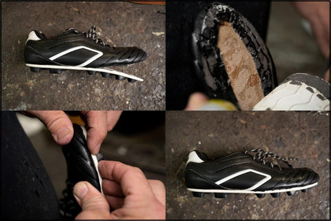 No-Fuss Shoe Glue For Boots And Shoes - Professional Grade Repair Adhesive applied to leather sports shoe sole.