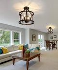 Living room with 2-Pack Semi Flush Mount Ceiling Light Fixture Farmhouse Matte Black Metal With Open Drum Shade For Entryway Foyer Dining Room Kitchen Hallway Ceiling Lamp Sleek Modern Lighting For Any Space.