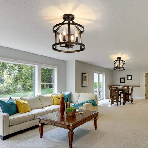 Living room with 2-Pack Semi Flush Mount Ceiling Light Fixture Farmhouse Matte Black Metal With Open Drum Shade For Entryway Foyer Dining Room Kitchen Hallway Ceiling Lamp Sleek Modern Lighting For Any Space.