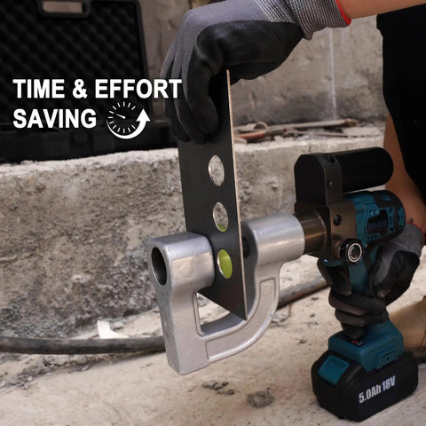 Hydraulic Hole Puncher Kit for sheet metal shown in action with knockout handles, highlighting time-saving efficiency.