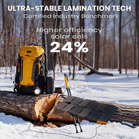 36W Solar Panel Charger with Quick Charge USB A USB C and DC Ports, foldable design attached to backpack in snowy forest