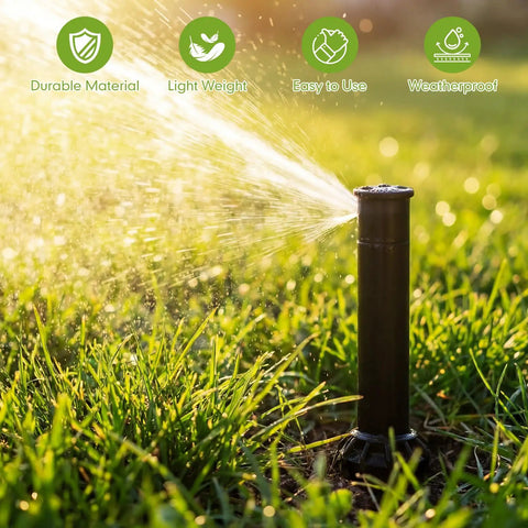 Knockout Pack Slick Gear Drive Pop Up Sprinkler Heads Compatible With Standard Irrigation Systems Including Solid Metal Screwdriver Tool And Targeted Curtain Nozzles For Hella Even Lawn Hydration And Quick Weekend Backyard Upgrades, showcasing a working sprinkler head watering grass.