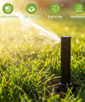 In Ground Pop Up Sprinkler Head spraying water in grass, part of 2 Pack In Ground Pop Up Sprinkler Heads Compatible With Rain Bird 5000 Series Gear Drive Rotors Landscaping Kit Includes Screwdriver For Hassle Free Setup And Thorough Water Coverage.