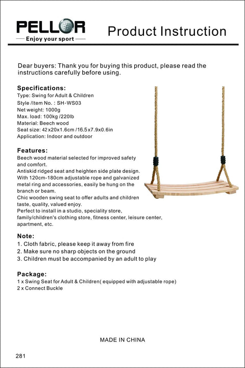 Instruction manual for Beech Wood Tree Swing Seat With Adjustable Rope For Kids, showing specifications and safety guidelines.