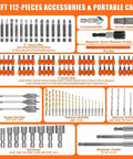 ENERTWIST 112-Piece drill bit set with 1/4-inch hex shank in a tough case for wood, metal, cement