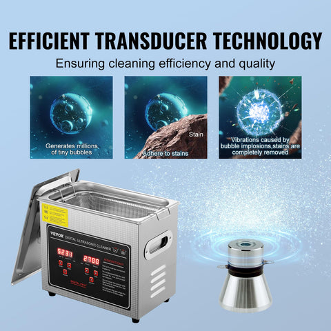 Front view of VEVOR stainless steel ultrasonic cleaning machine with digital timer and heater, 3L