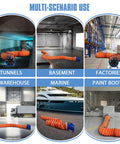 Beastly 520W Utility Axial Blower With 12 Inch Exhaust Fan Portable Extractor Delivers 4100 Cubic Meters Per Hour At Up To 370 Pascals Includes 33 Foot Duct Hose For Quick Home Or Workplace Ventilation shown in various usage scenarios like tunnels, basements, and factories.