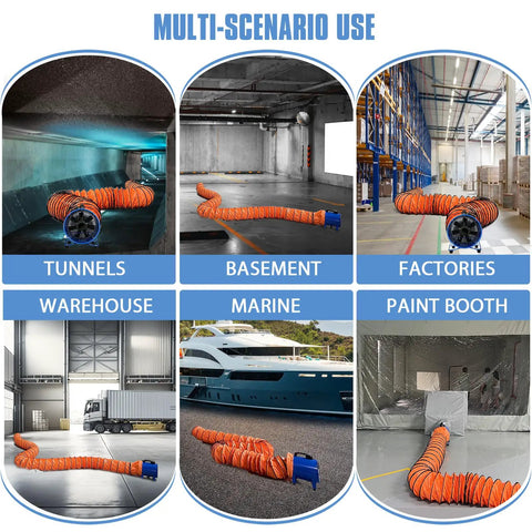 Beastly 520W Utility Axial Blower With 12 Inch Exhaust Fan Portable Extractor Delivers 4100 Cubic Meters Per Hour At Up To 370 Pascals Includes 33 Foot Duct Hose For Quick Home Or Workplace Ventilation shown in various usage scenarios like tunnels, basements, and factories.