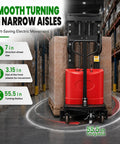 Super Heavy Duty Semi Electric Pallet Stacker With A Killer 3300 Pound Lift Capacity And Nine Foot Four Inch Vertical Reach Perfect For Cranking Heavy Loads In The Factory Warehouse Like A Pro, showcasing smooth turning in narrow aisles and wheel sizes.