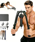 3 In 1 Hydraulic Twist Arm Trainer With Ab Roller And Hooks Perfect Home Gym Gear For Men And Women To Crush Full Body Strength Training Workouts And Build Serious Chest Muscles At Home. Man using trainer for strength exercises.