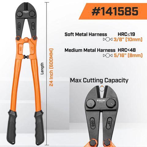 24-Inch Heavy-Duty Bolt Cutter For Cutting Fence, Steel Wire, Chain, Screws, Rivets, And Padlocks shown with cutting capacity details