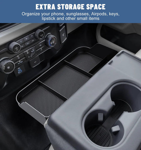Ford Jump Seat Center Console Organizer Front Armrest Tray in truck with extra storage compartments and cup holders
