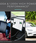 Beast Mode Ccs To Nacs Adapter For Tesla Model 3 X Y S Plus All North American Evs With Five Hundred Amp High Voltage Fast Charging Ul Certified Plug And Play Road Trip Ready Zero Sweat Black shown with charging port and EV display.