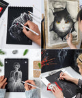 Artists using White Charcoal Pencils Set, 10 Pcs for Dark Paper Sketching, Shading, Blending and Highlighting on black sketch pads.