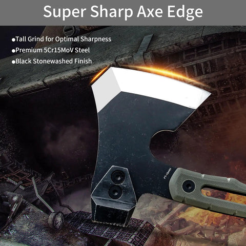 Close-up of Multifunctional Splitting Axe For Camping And Bushcraft, highlighting sharp 5Cr15Mov steel blade, black titanium finish.