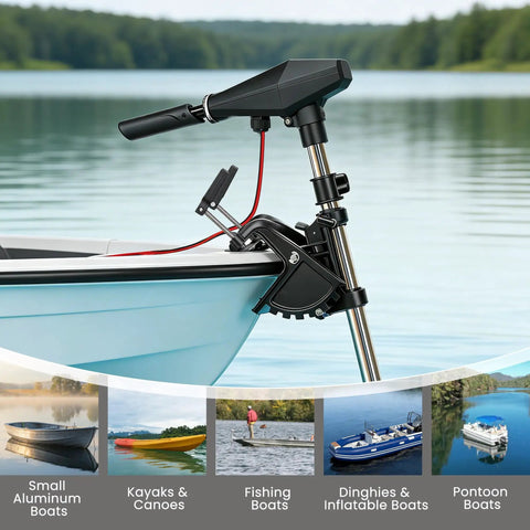 Badass 58 Lbs Brushless Electric Trolling Motor With Stepless Speed Control And 30 Inch Shaft mounted on kayak by lake.