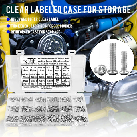900 Piece Button Head Hex Socket Cap Screw Assortment With M2 M2.5 M3 Bolts Nuts And Washers Premium 304 Stainless Steel Fully Threaded All In One Heavy Duty Hardware Kit including labeled storage case.