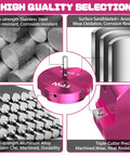 Pro Grade Triple Inserts 4 Inch PVC Pipe Reamer Kit materials and components detail, showing pink anodized design and hex shaft
