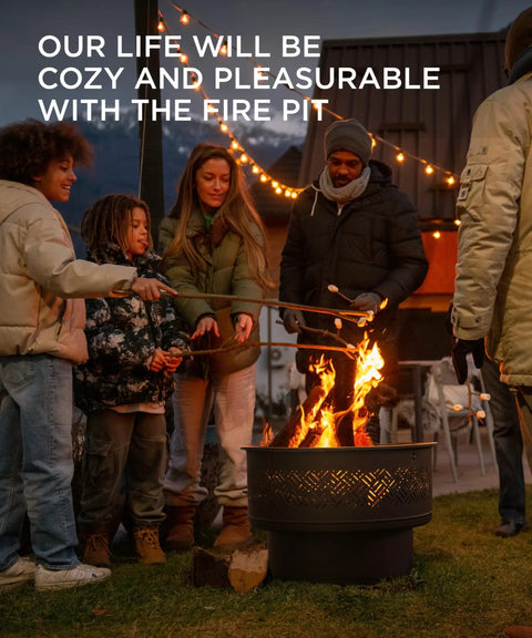 People gathered around a 26 Inch Fire Pit With Grill And Lid For Outdoor Use, Three In One Wood Burning Fire Pit Table With Poker.