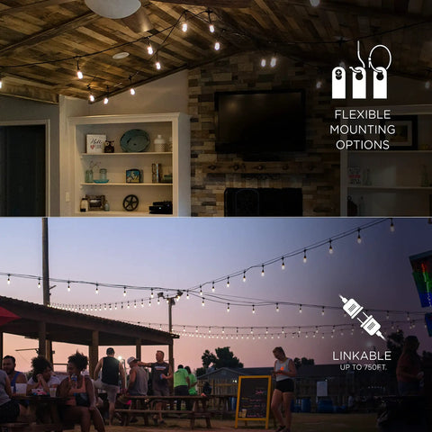 Cozy Cafe Style Outdoor String Lights With 48 Ft Black Cord 24 Shatterproof Acrylic Edison Bulbs Weatherproof For Patio Deck Garden Bars And Cafes Warm White Ambience For Indoor Or Outdoor Parties shown in both indoor and outdoor settings
