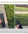 Two-panel view of a black edger blade strip with a 1-inch center hole, shown near concrete curb and on grass.