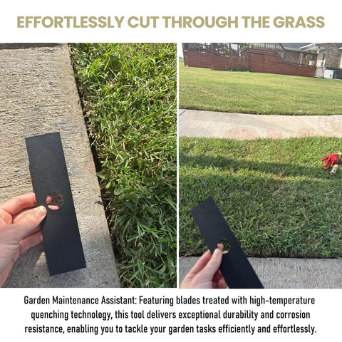 Two-panel view of a black edger blade strip with a 1-inch center hole, shown near concrete curb and on grass.