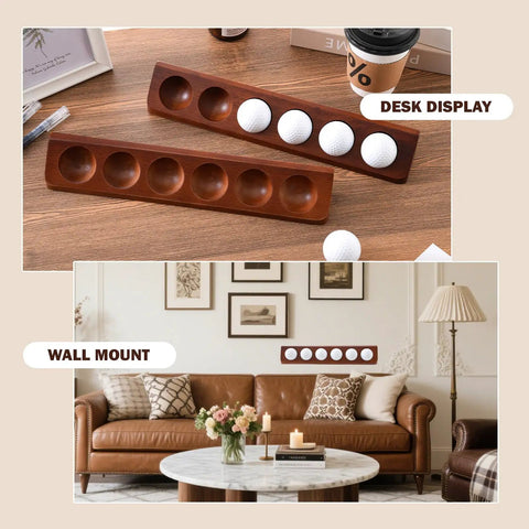 Premium Wooden Golf Ball Display Case And Holder For Wall Mount Or Tabletop, showcasing dual display options with walnut finish