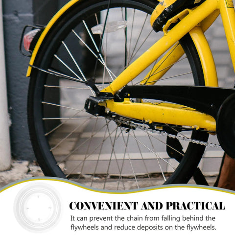 Yellow bike with Chain Guard And Spoke Protector For Mountain And Road Bikes, Dirt Proof Flywheel Shield, rear wheel view