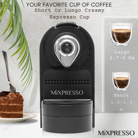 Front view of a Compact 1400W Single-Serve Espresso Machine With 19-Bar Pump And 27oz Water Tank, showing espresso options.