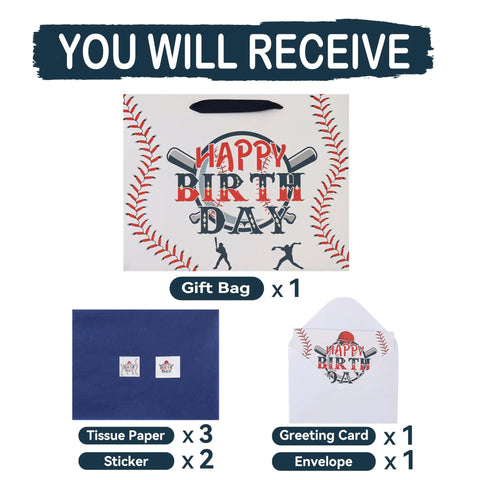 Large 13 Inch Baseball Themed Birthday Gift Bag With Handles, Greeting Card, Tissue Paper And Stickers For Boys Kids Teens