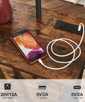 End Table With Built In Lamp And USB Type C Port, Narrow Nightstand With Storage Shelf, phone charging on rustic wood surface