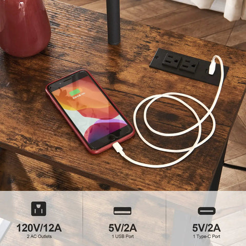 End Table With Built In Lamp And USB Type C Port, Narrow Nightstand With Storage Shelf, phone charging on rustic wood surface