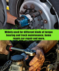Mechanic using Half Inch Drive Impact Socket 34mm Deep 6 Point for Axle Nut Removal, CRMO Steel on vehicle wheel lug nuts.