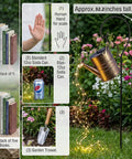 Solar Powered Watering Can Fountain With Cascading Warm White Fairy Lights beside garden trowel, soda can, and books for scale