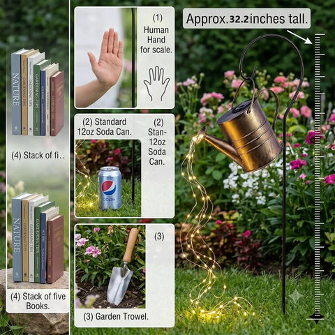 Solar Powered Watering Can Fountain With Cascading Warm White Fairy Lights beside garden trowel, soda can, and books for scale