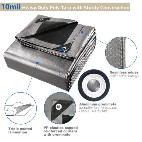 Heavy Duty 30x40 Ft Tarp Waterproof 10 Mil Tarpaulin With Eyelets, Reversible Edges, Reinforced Corners, folded showing details