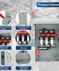 Heavy Duty 3 Pole Safety Switch 60 Amp 240 Volt Ac Disconnect Box With Fusible Breaker Quick Throw Handle showing insulated handle, steel enclosure, and wiring details.