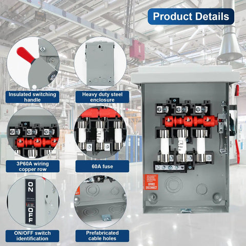 Heavy Duty 3 Pole Safety Switch 60 Amp 240 Volt Ac Disconnect Box With Fusible Breaker Quick Throw Handle showing insulated handle, steel enclosure, and wiring details.