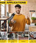 Man holding Heavy Duty 1850W Heat Gun with details of dual temperature settings and wide applications for DIY projects.