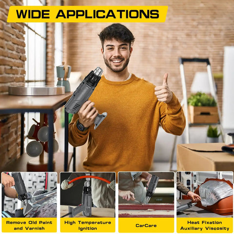 Man holding Heavy Duty 1850W Heat Gun with details of dual temperature settings and wide applications for DIY projects.
