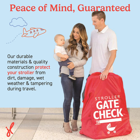 Couple with child and red Gate Check Stroller Bag For Single And Some Double Strollers, Travel Bag For Air Travel at airport.