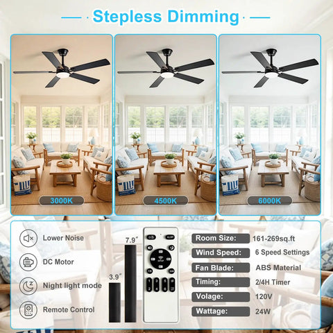 52 Inch Indoor Outdoor Ceiling Fan With Light And Remote Control, 6 Speeds, 3 CCT Dimmable, Quiet Operation, in living room
