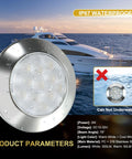 2 In 1 LED Marine Courtesy Light For Boat Interior With 2.8 Inch Ceiling Light And 11 LEDs, Cool White To Warm White Color Change, DC 10 30V, IP67 Waterproof, 316 Stainless Surface Mount Deck Light For Boats And RVs with yacht in background.