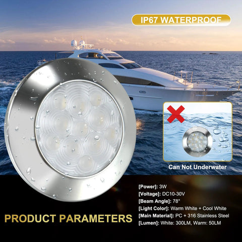 2 In 1 LED Marine Courtesy Light For Boat Interior With 2.8 Inch Ceiling Light And 11 LEDs, Cool White To Warm White Color Change, DC 10 30V, IP67 Waterproof, 316 Stainless Surface Mount Deck Light For Boats And RVs with yacht in background.