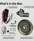 Pull To Electric Start Conversion Kit For GX340 GX390 Engines components overview with key switch, starter motor, flywheel, and bolts