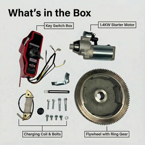 Pull To Electric Start Conversion Kit For GX340 GX390 Engines components overview with key switch, starter motor, flywheel, and bolts