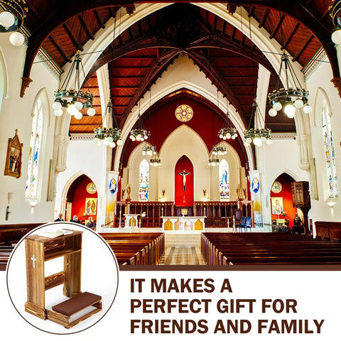 Solid Wood Prayer Bench With Shelf Comfy Cushioned Kneeler And Table Chair Rustic 23 X 20 X 32 Inches in a church setting